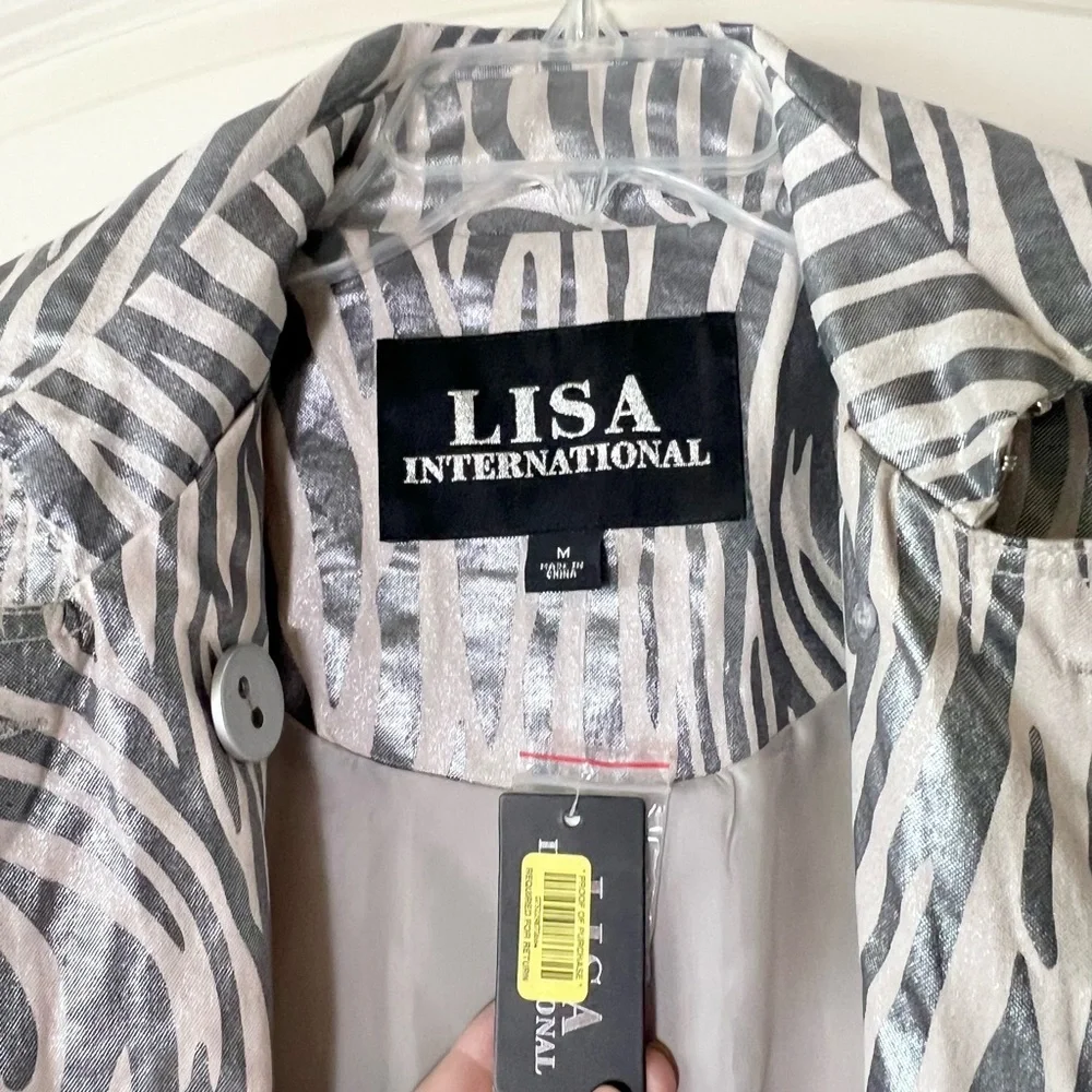 Lisa International Silver Metallic Zebra Print Double Breasted Belted Jacket M